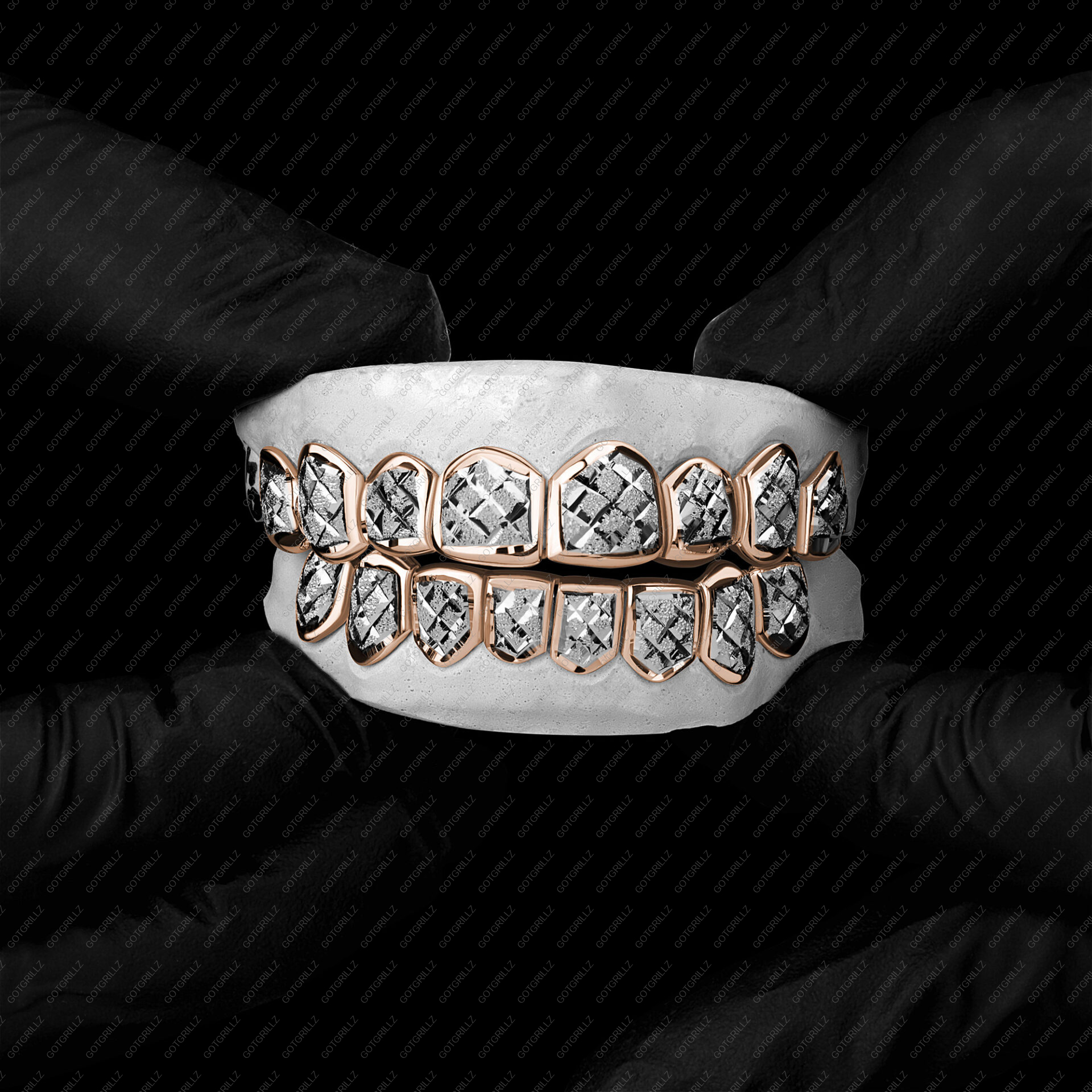 Rose and White Gold Diamond Dust Cut Punchout Grillz |GotGrillz