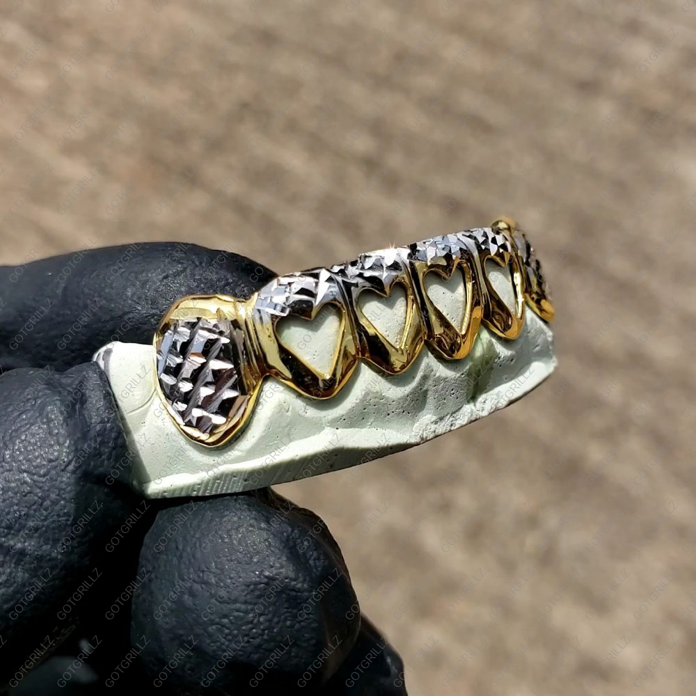 Yellow and White Gold Heart Open Face Diamond Cut Grillz