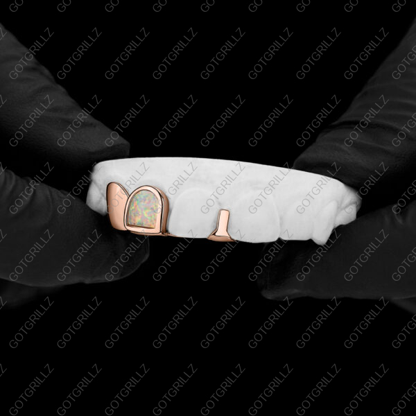 Yellow Gold Opal Double Cap Gap Bar Grillz - GotGrillz