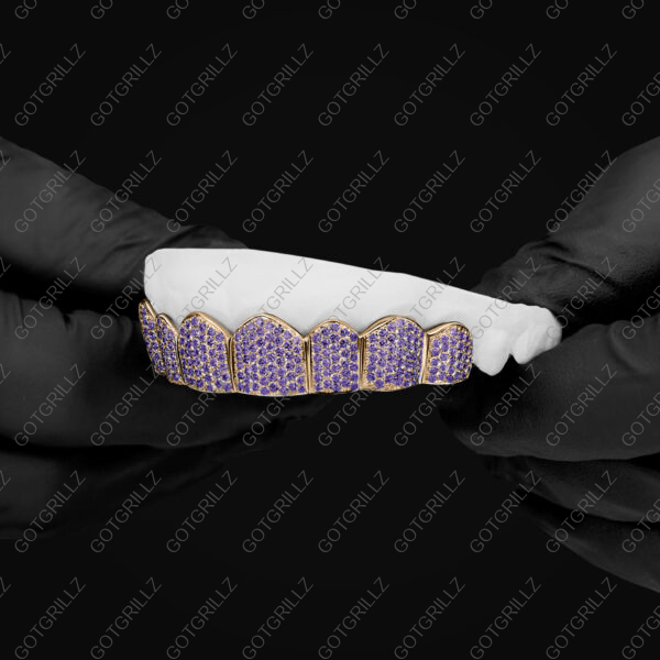 Handset Purple Moissanite Honeycomb Zig Zag Gold Grillz - GotGrillz