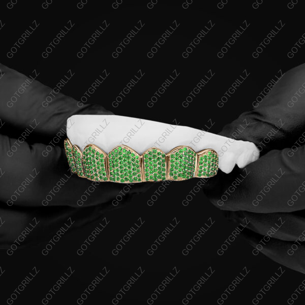 Handset Green Moissanite Honeycomb Zig Zag Gold Grillz - GotGrillz