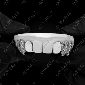 White Gold Curved Wolf Fangs With Diamond Dust Cut Top Grillz