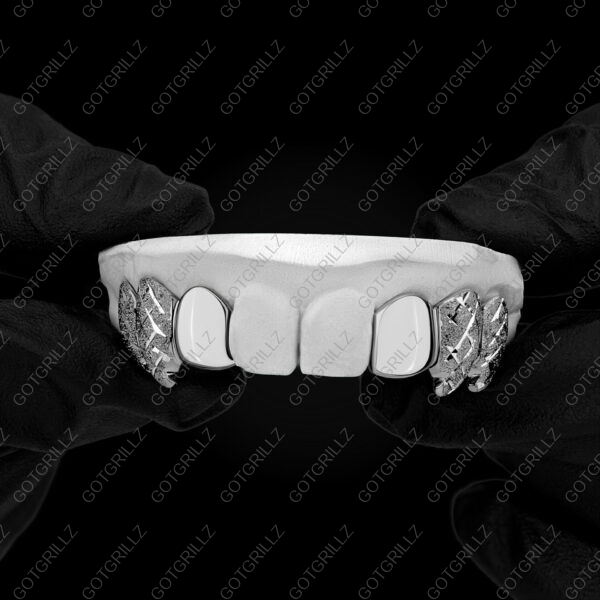 White Gold Curved Wolf Fangs With Diamond Dust Cut Top Grillz