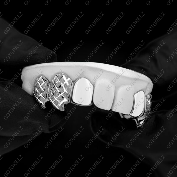 White Gold Curved Wolf Fangs With Diamond Dust Cut Top Grillz