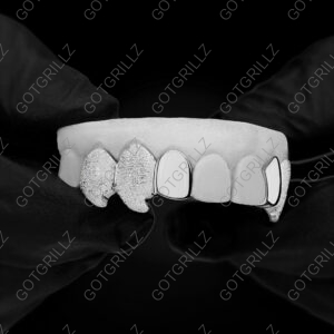 White Gold Curved Wolf Fangs With Diamond Dust Top Grillz