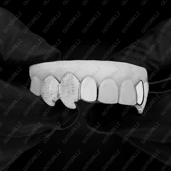 White Gold Curved Wolf Fangs With Diamond Dust Top Grillz